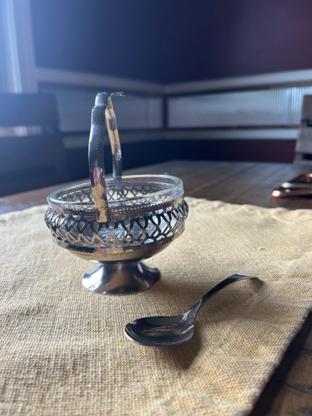Vintage Silver Sugar Bowl with Spoon or Condiment dish w ornate metal basket - Picture 7 of 7